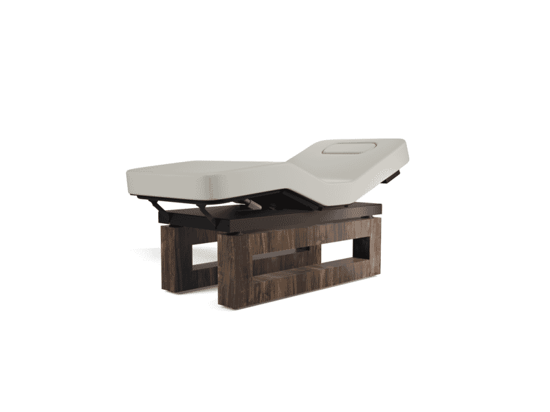 Oakworks Spa ICON Master's Collection Table with breast comfort and wooden base in beige.