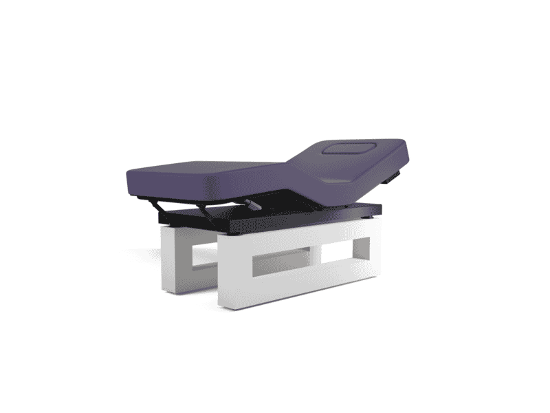 Oakworks Spa ICON Master's Collection Table with purple cushion, white base, and breast comfort.