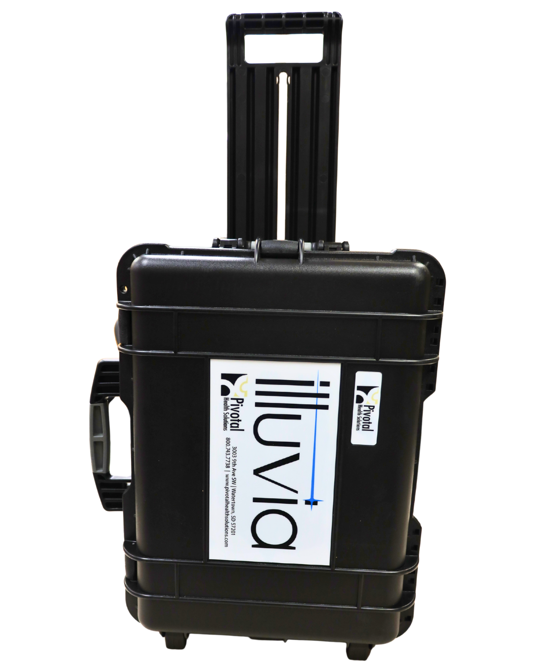 Black suitcase with 'illuvia' branding on a white background