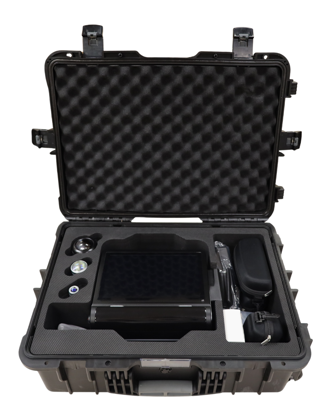 Black protective case with foam interior containing electronic devices on a white background