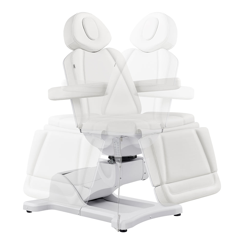 DIR Pavo FACIAL Beauty Bed & Chair in White, 4-motor electric, shown in multiple reclines.