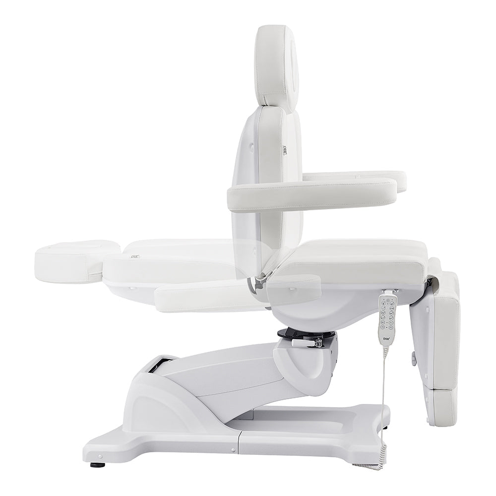 DIR Pavo FACIAL Beauty Bed & Chair in White, full electric with 4 motors, side profile view.