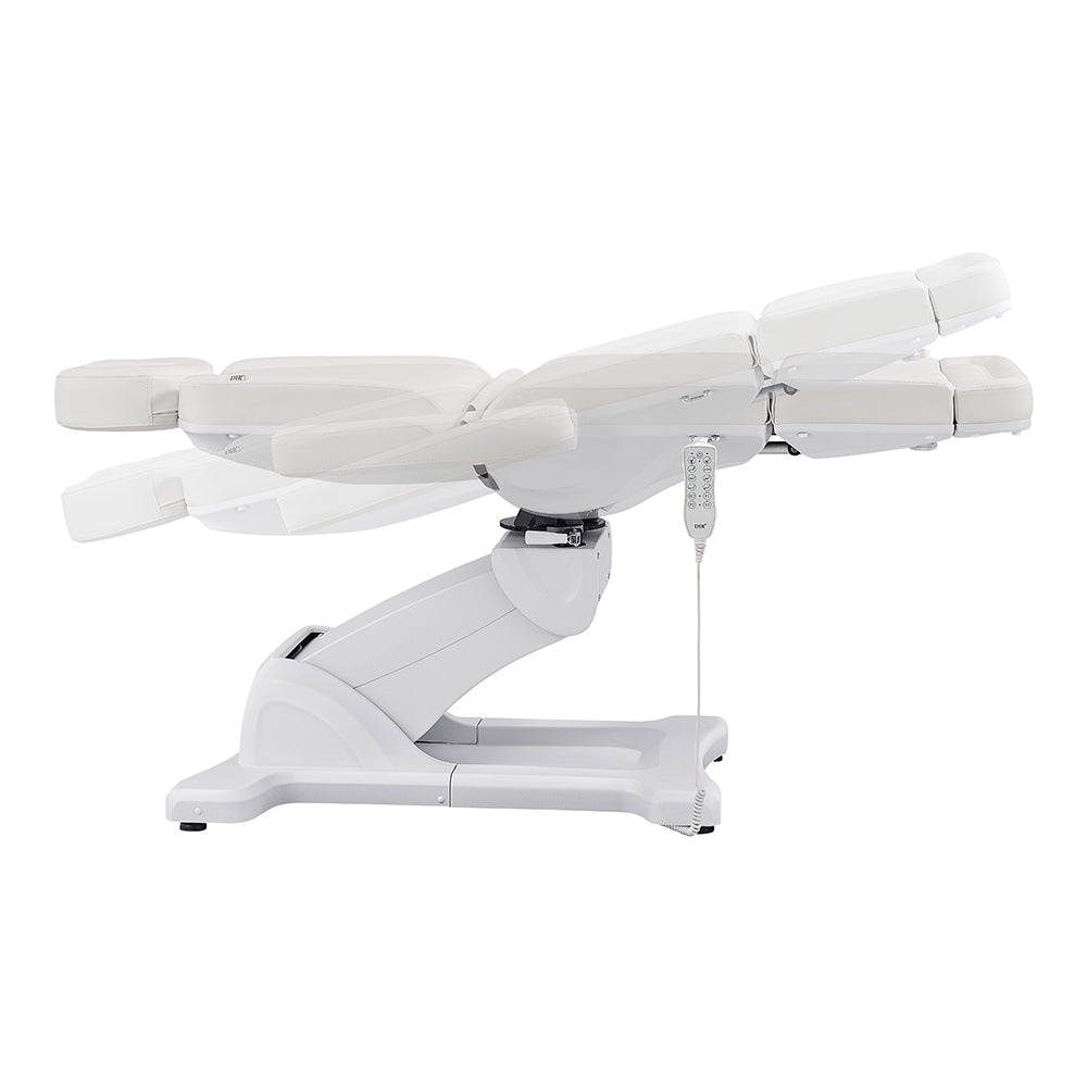 DIR Pavo FACIAL Beauty Bed & Chair in White with 4 motors, shown reclined, side view.