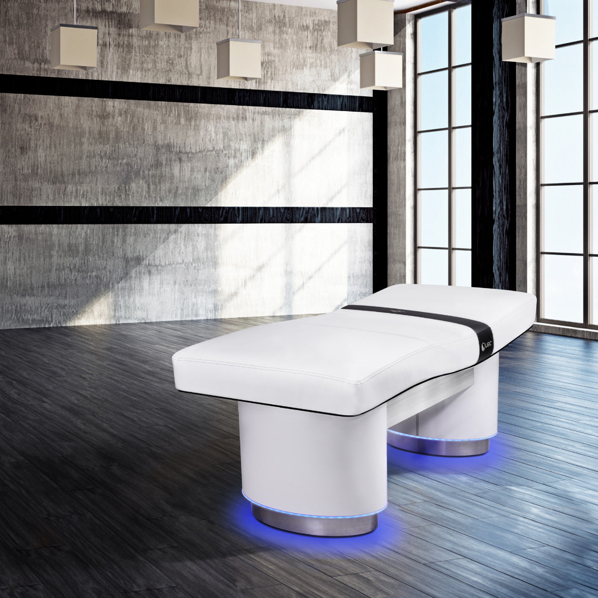 Living Earth Crafts INSIGNIA 2.0 ELLIPSE™ Multi-Purpose Treatment Table w/Replaceable Mattress with LED lights in a room with large windows and decorative wall.