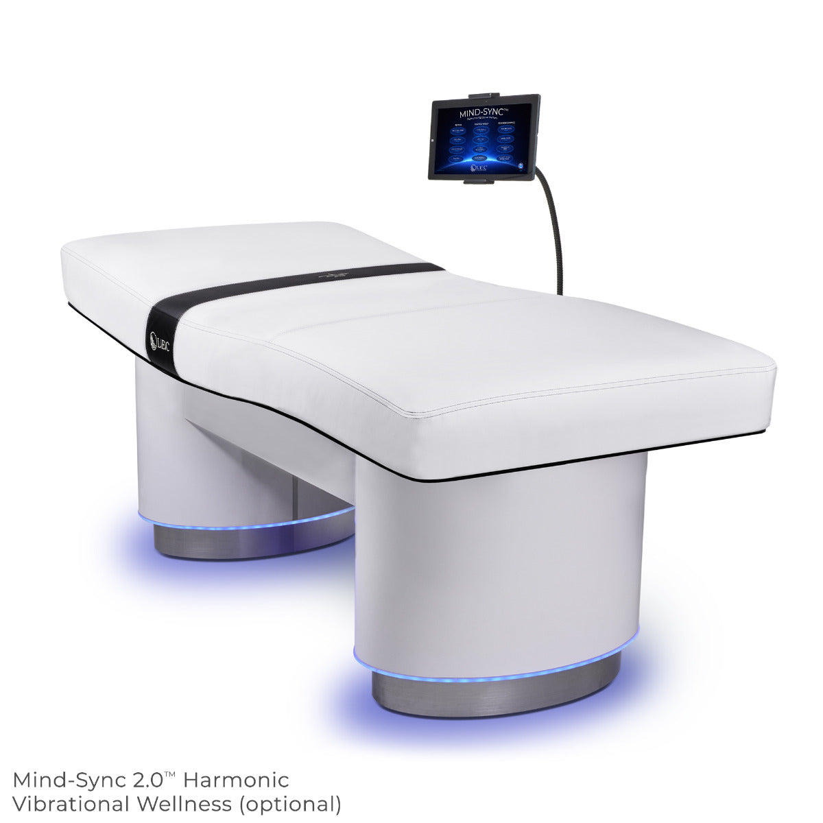 Living Earth Crafts INSIGNIA 2.0 ELLIPSE™ Multi-Purpose Treatment Table w/Replaceable Mattress and a screen displaying 'Mind-Sync 2.0 Harmonic' on a white background.