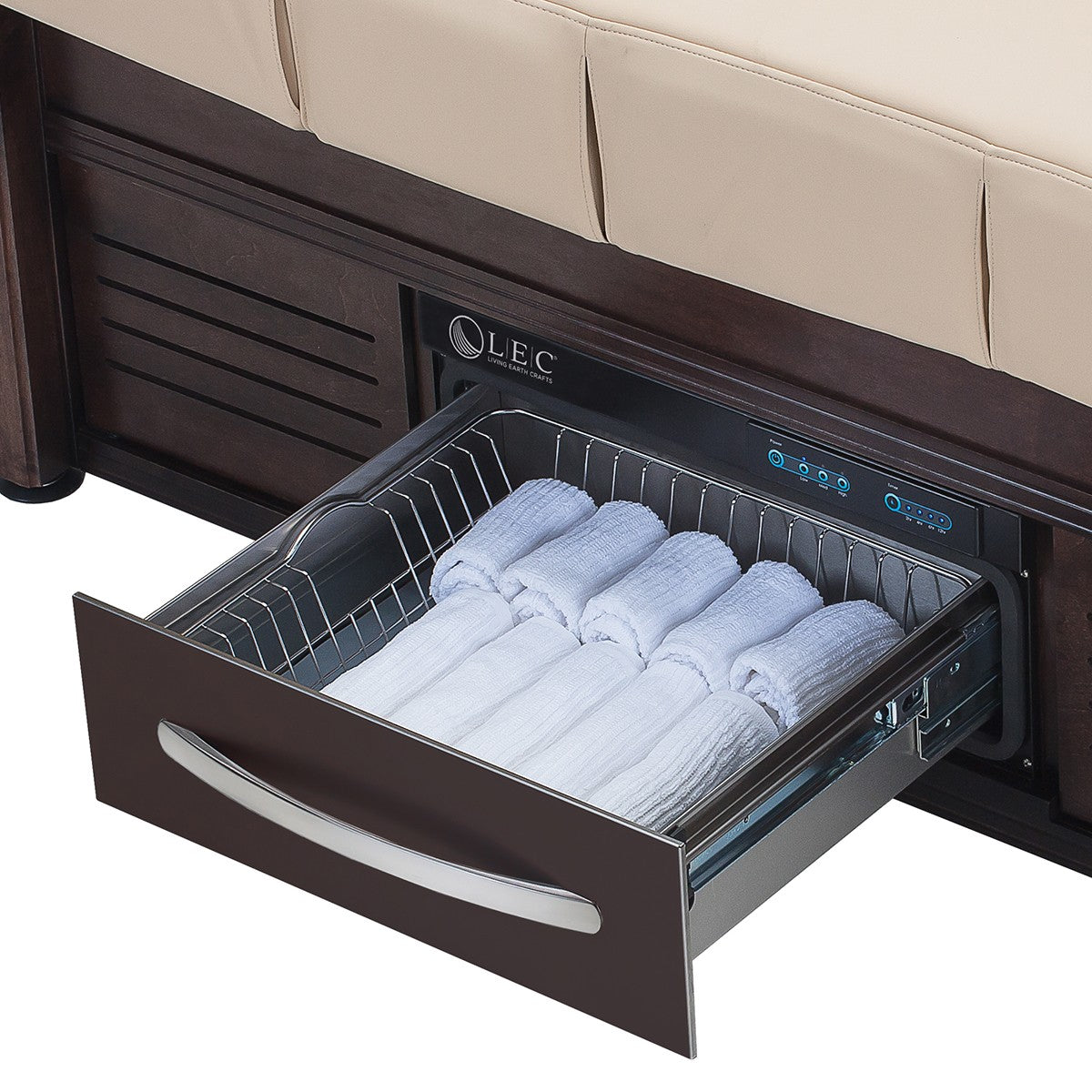 Drawer with folded towels to Living Earth Crafts PRO SALON Kensington +Studio Electric Lift Table