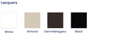 Color swatches for lacquers including White, Almond, Dark Mahogany, and Black for Earthlite EVEREST SPA.