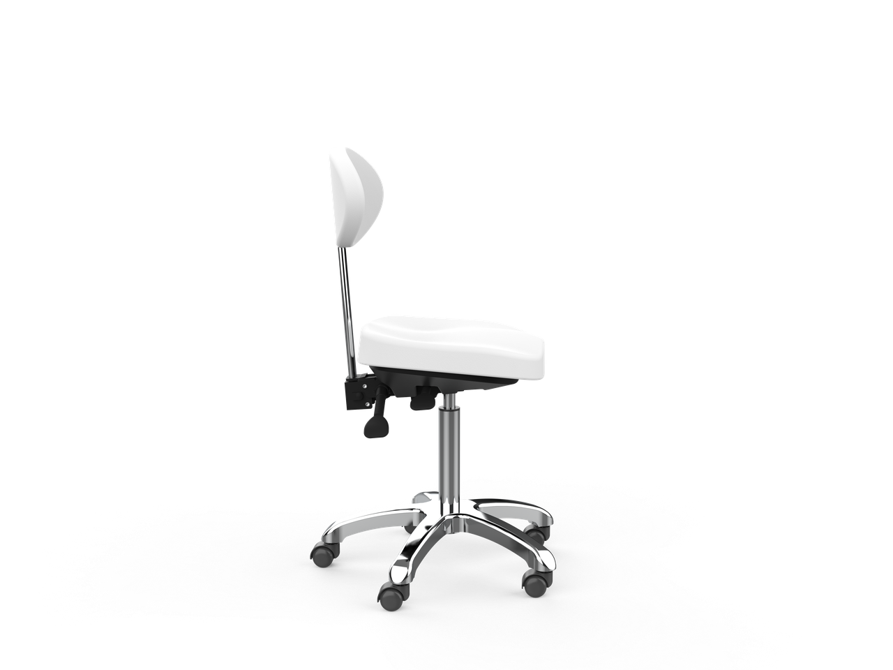Silverfox America 1025E Beauty Stool, ergonomic with adjustable height and five wheels, side view.