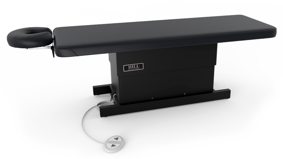 Hill Laboratories Massage Electric Lift Table with remote control, shown on a white background.