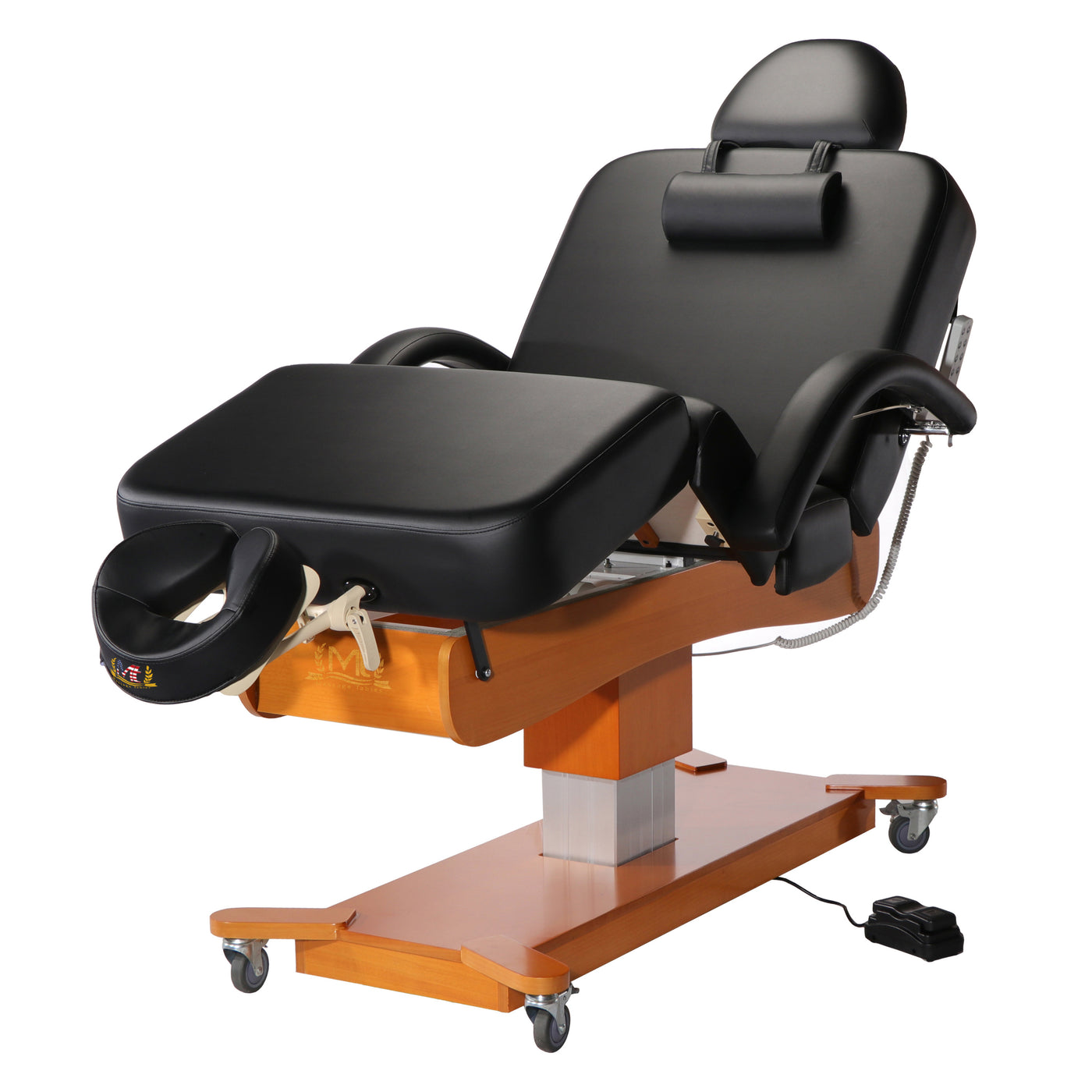 MT Massage MAXKING Salon 3-section electric table with wood base, footrest on wheels, adjustable.