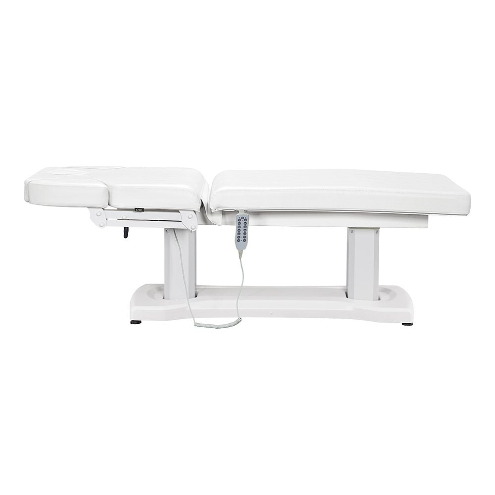 DIR Tranquility 4 Motors electric medical spa table with remote, side view on plain background.