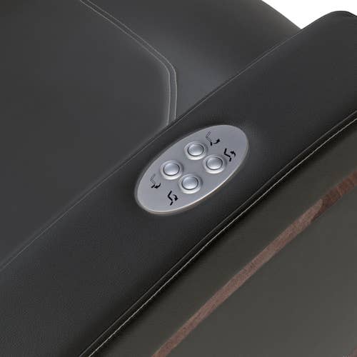Close-up of Living Earth Crafts Mind-Sync 2.0™ Lounger armrest with four-button control panel.