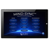 Tablet screen displaying the Living Earth Crafts Mind-Sync 2.0™ Harmonic Wellness Lounger menu.