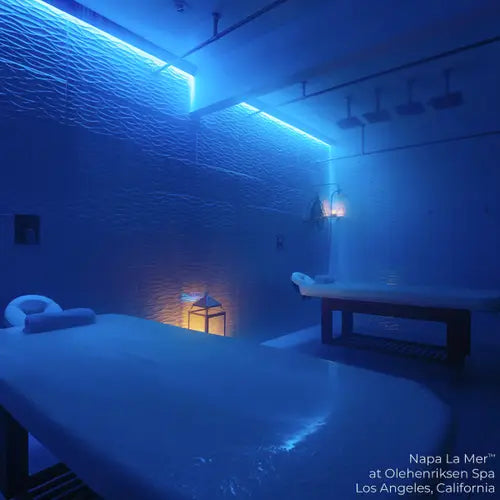 Dimly lit spa room with two Living Earth Crafts NAPA LA MER teak base lift tables, blue lighting.