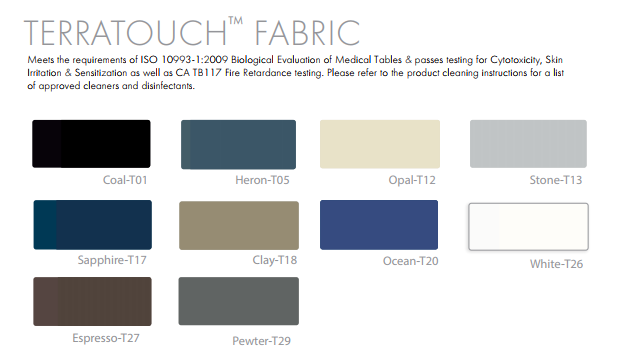 Oakworks PREMIUM Stool Terratouch fabric samples, labeled with names and codes, on white.