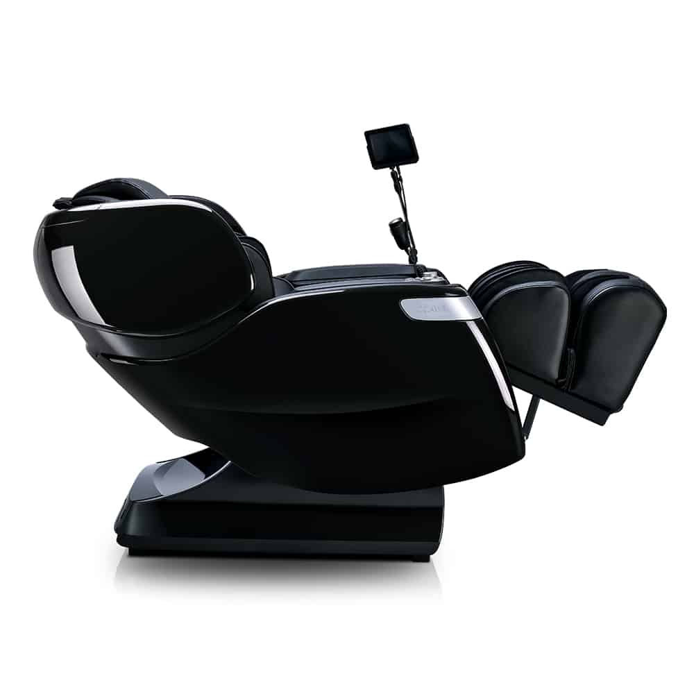 Ogawa Master Drive AI 2.0 black massage chair with foot & calf massager, side view.