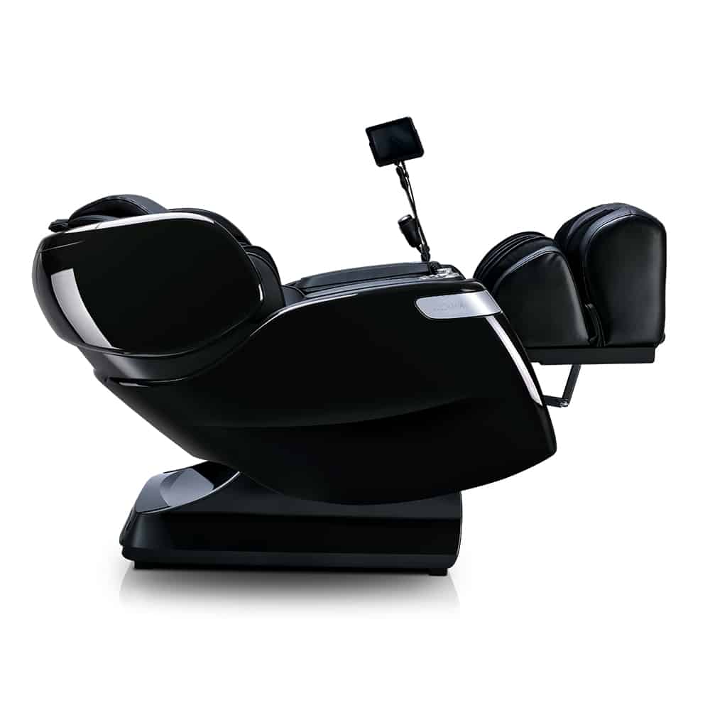 Ogawa Master Drive AI 2.0 massage chair with footrests and control screen, side view.