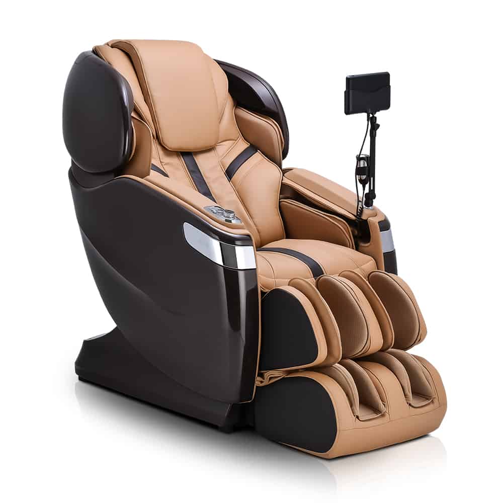 Ogawa Master Drive AI 2.0 Massage Chair in brown & black with footrest and tablet holder.