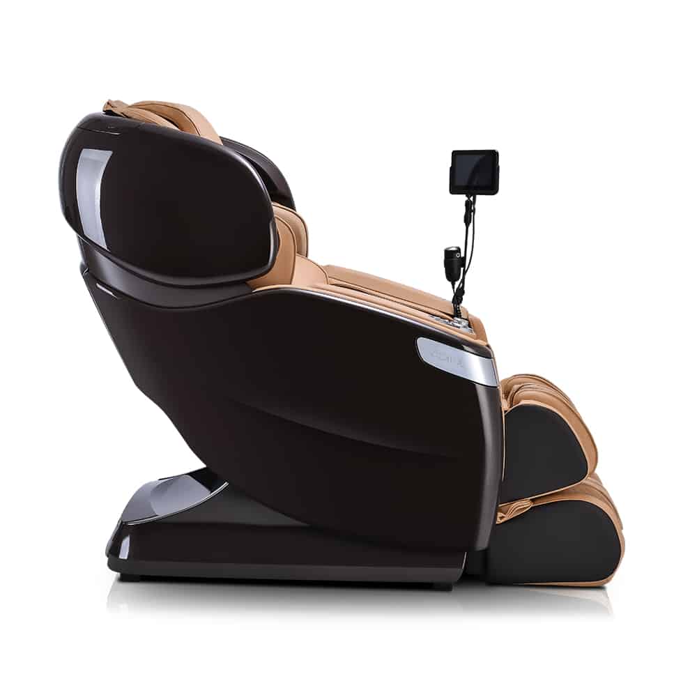 A side view of the Ogawa Master Drive AI 2.0 brown and tan luxury massage chair with control screen.