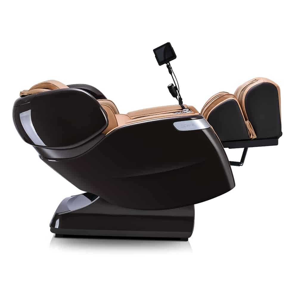 Ogawa Master Drive AI 2.0 massage chair with attached screen, shown in a reclined position.