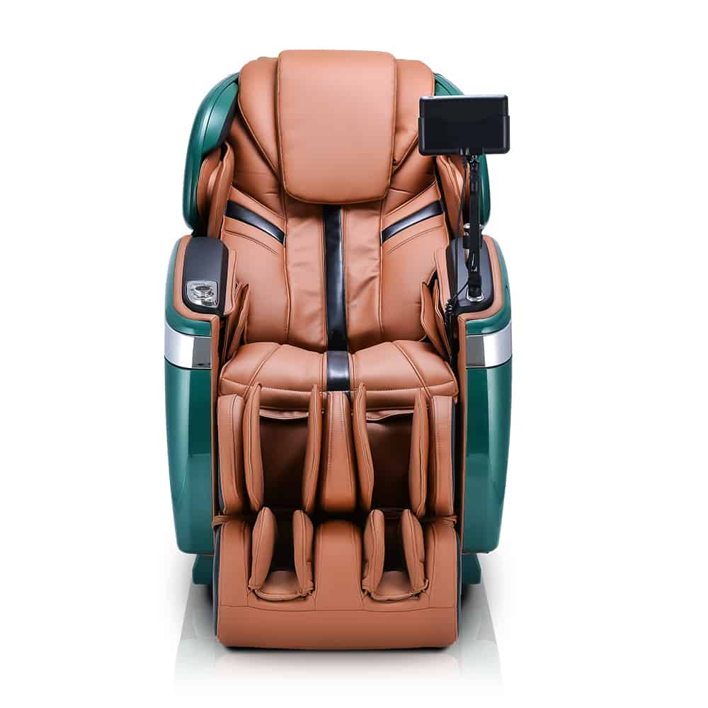 Brown and green Ogawa Master Drive AI 2.0 massage chair with headrest, armrests, and screen.