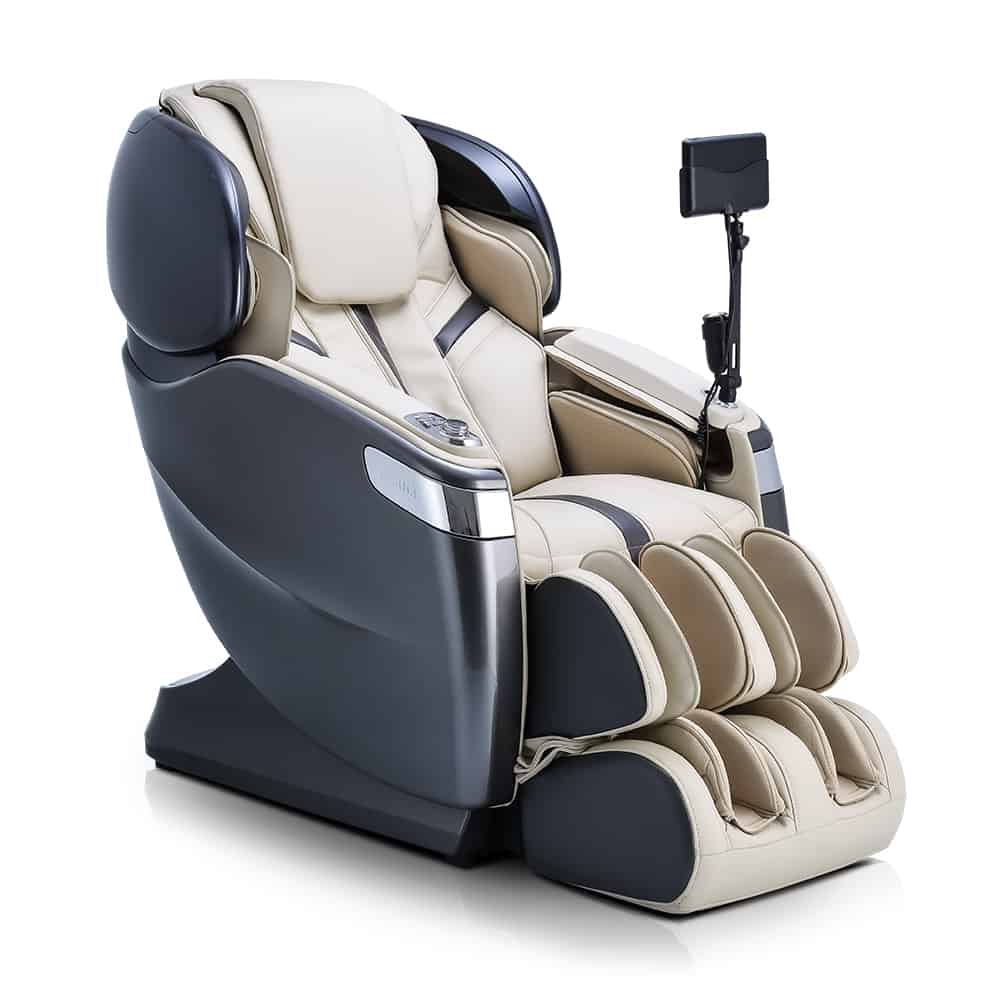 Beige and black Ogawa Master Drive AI 2.0 massage chair with tablet holder on armrest.