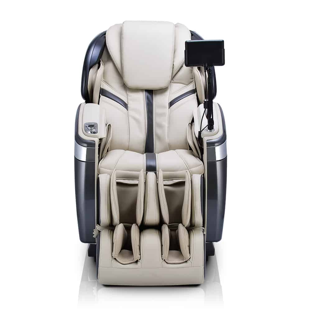 Beige Ogawa Master Drive AI 2.0 massage chair with 4D massage and control screen.