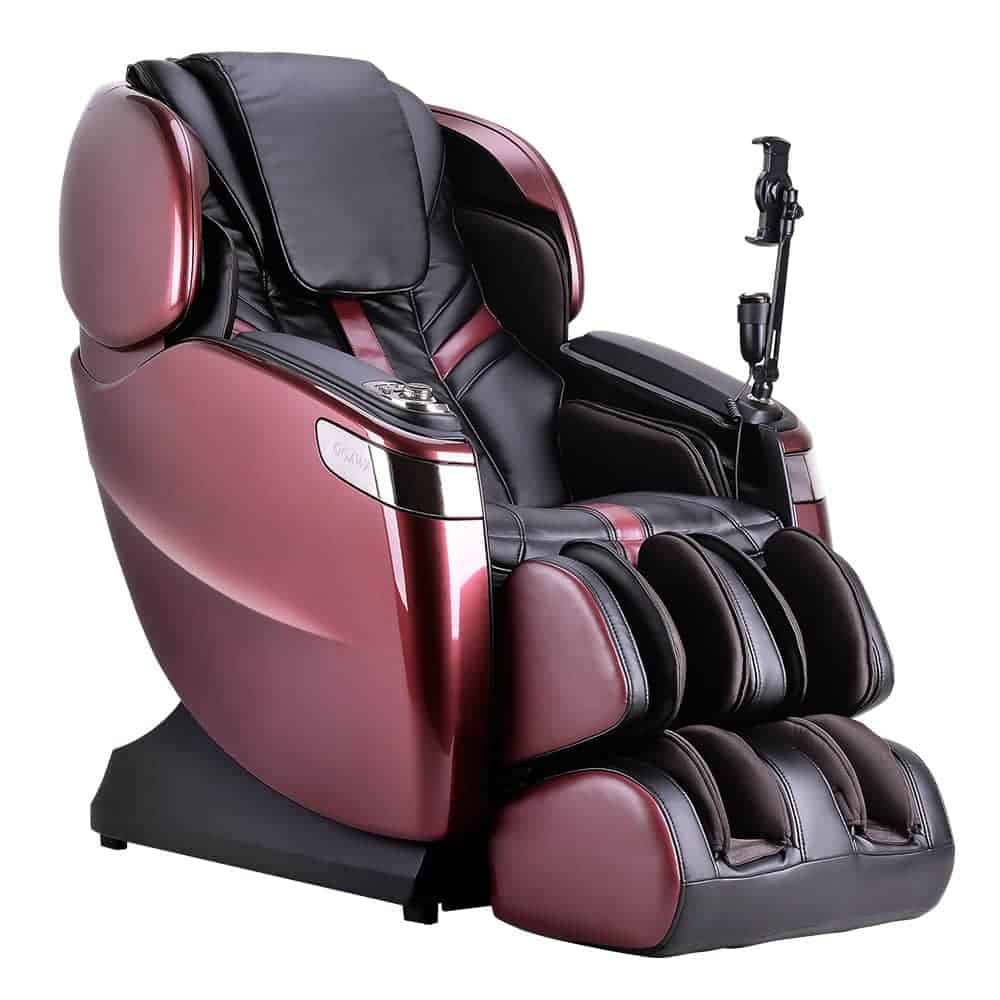 Burgundy massage chair with black accents on a white background