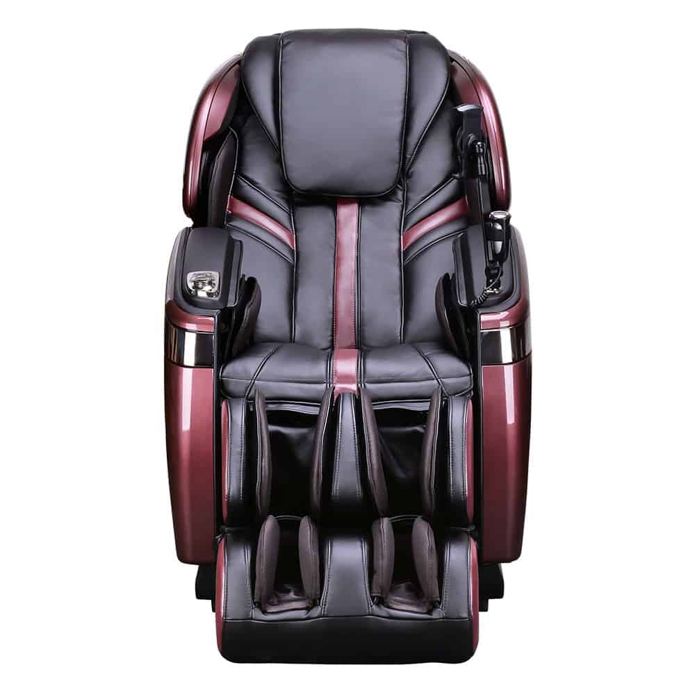 Massage chair with black and burgundy design on a white background