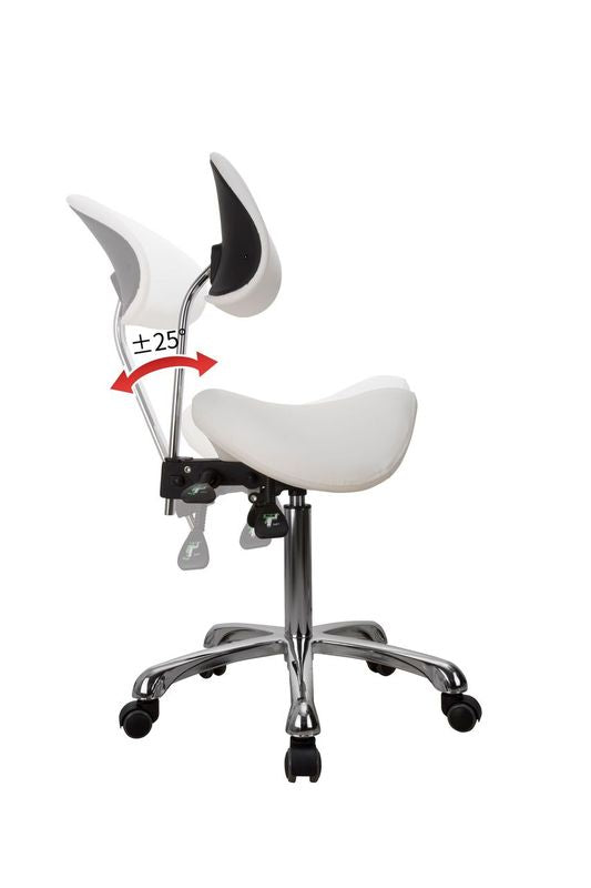 Silverfox America 1025A ergonomic stool with adjustable backrest shown at a 25° tilt.