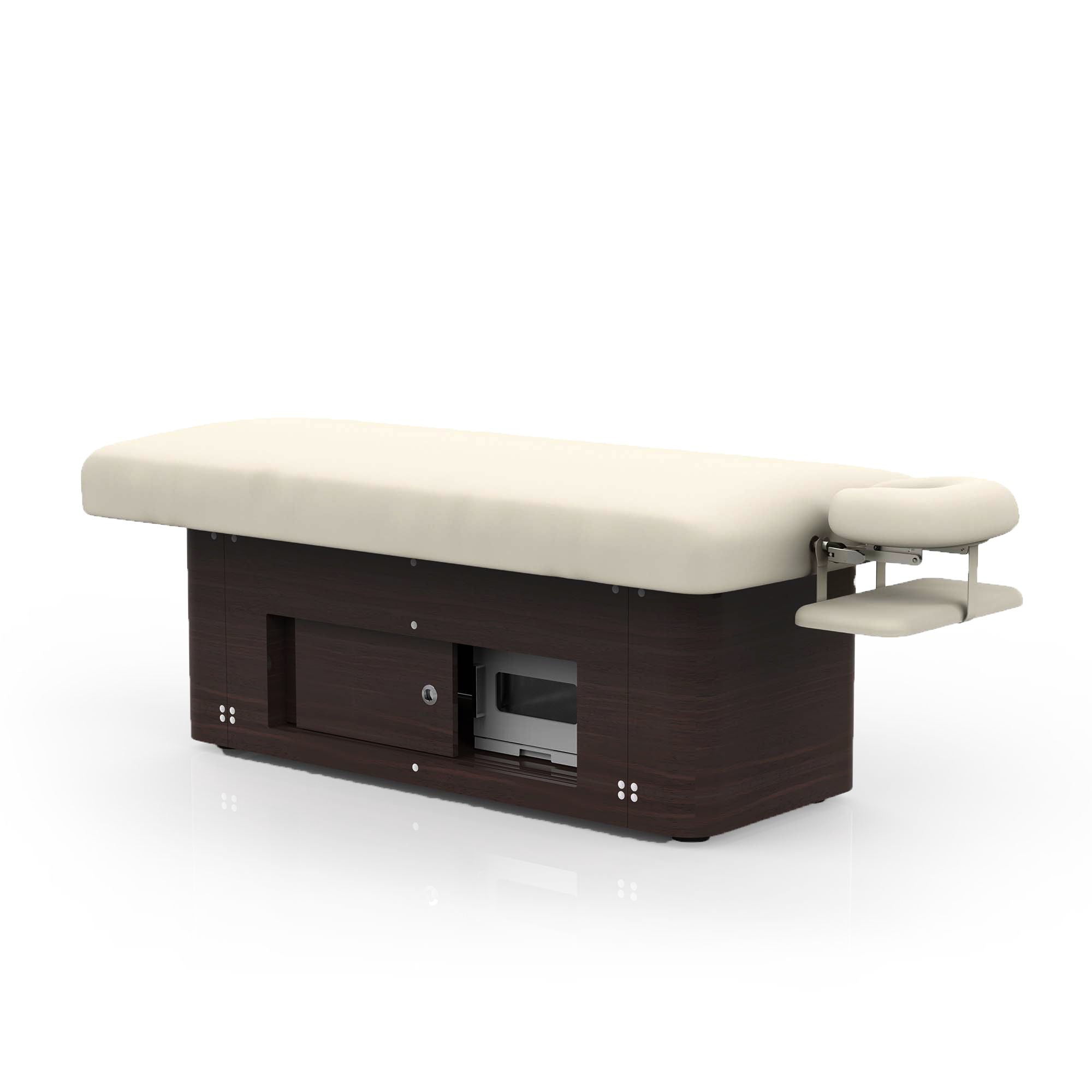 Silverfox America 2285B electric massage table, cream upholstery, dark wood, built-in storage.