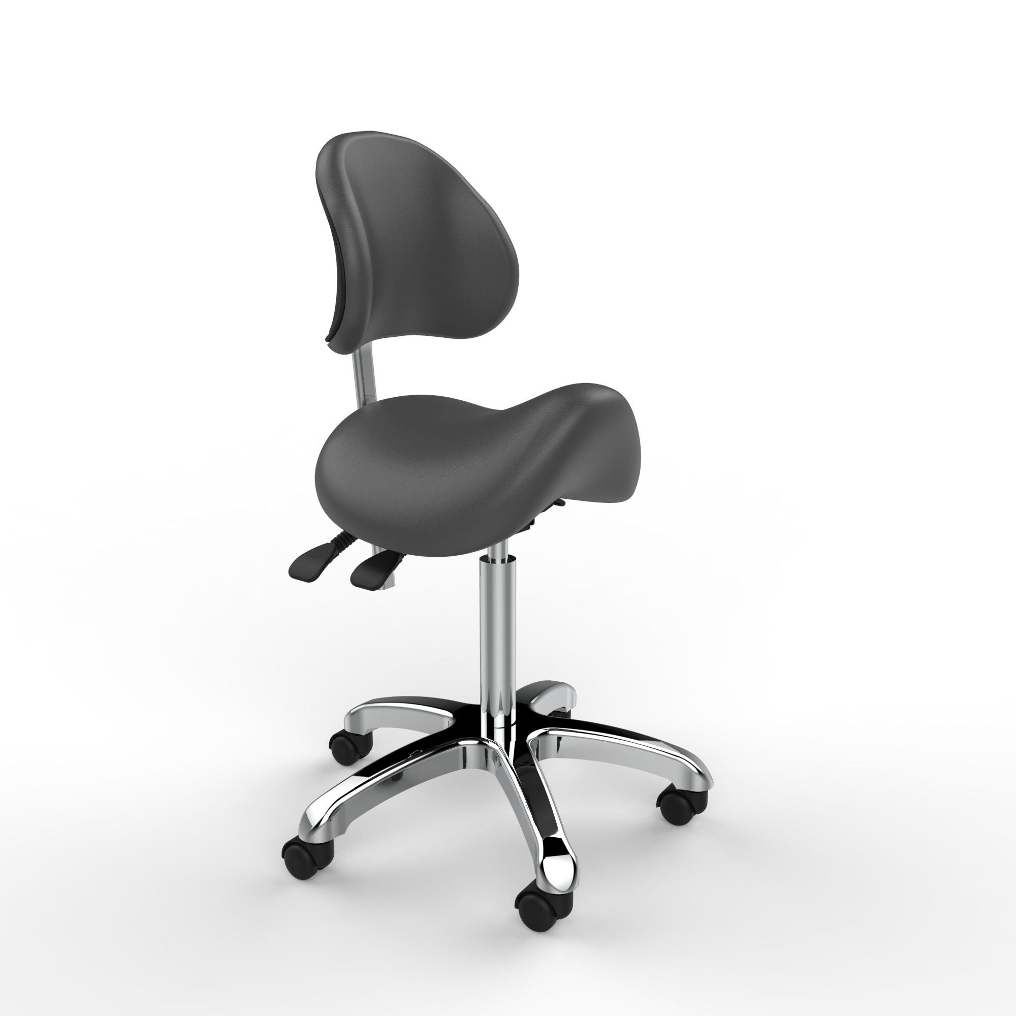 Silverfox America 1025A Stool: ergonomic black seat, backrest, chrome base, five caster wheels.