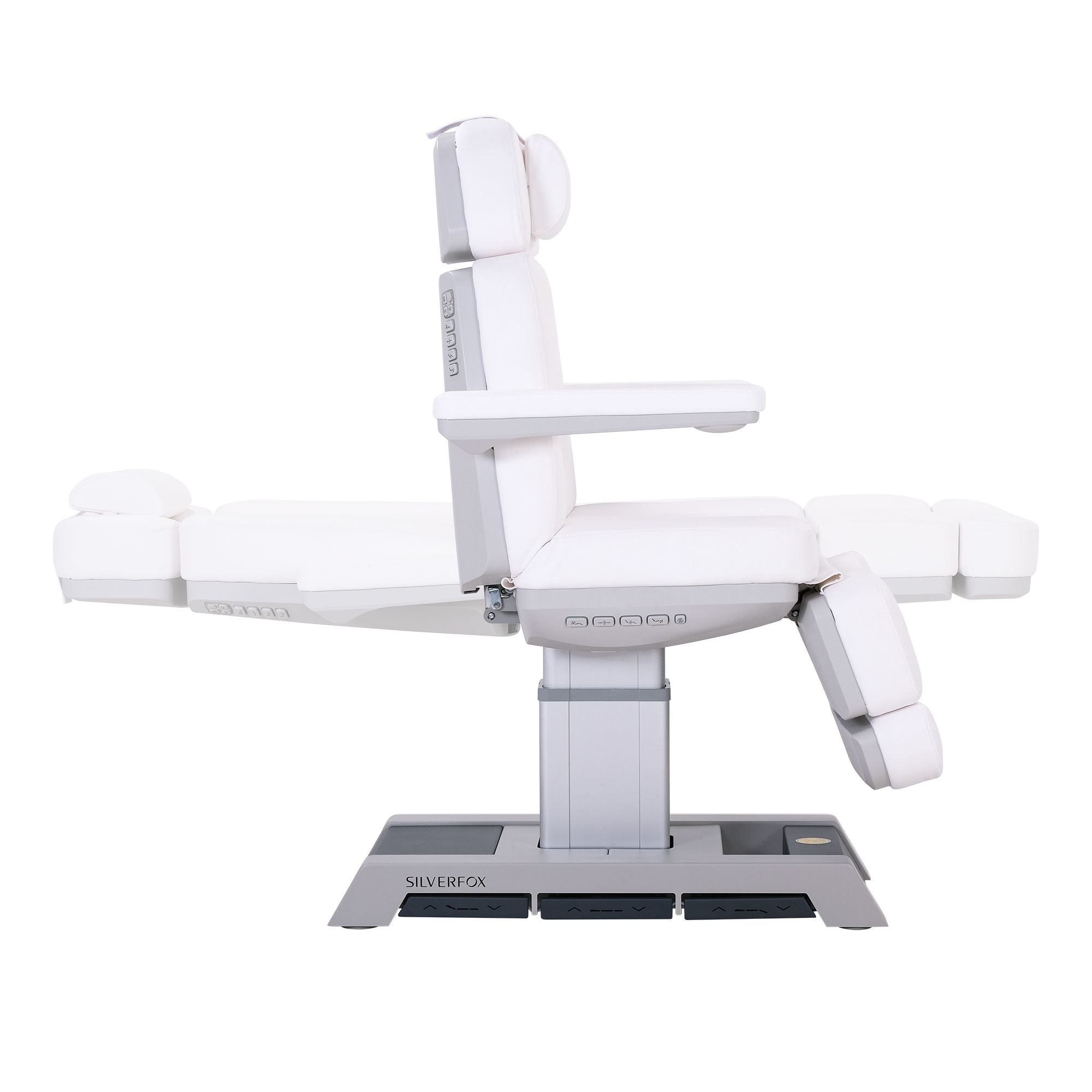 Silverfox America 2218BN electric facial chair with armrests reclines to a spa massage position.