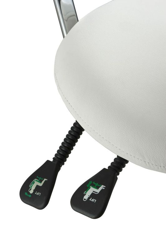 Close-up of lift adjustment levers beneath Silverfox America 1025 Stool's white padded seat.