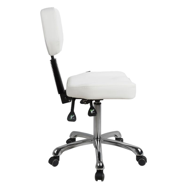 Silverfox America 1030 Stool: white ergonomic stool with adjustable backrest, side view.