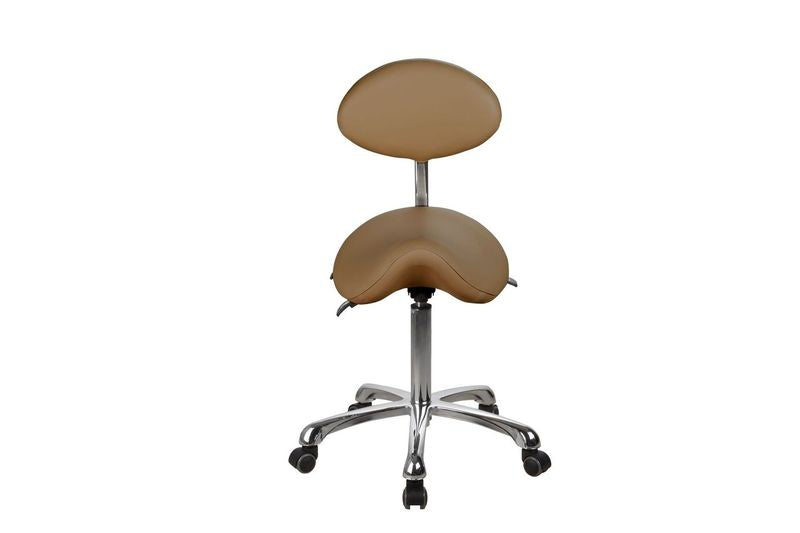 Silverfox America 1025 Stool with backrest, chrome base, and five wheels, shown facing forward.