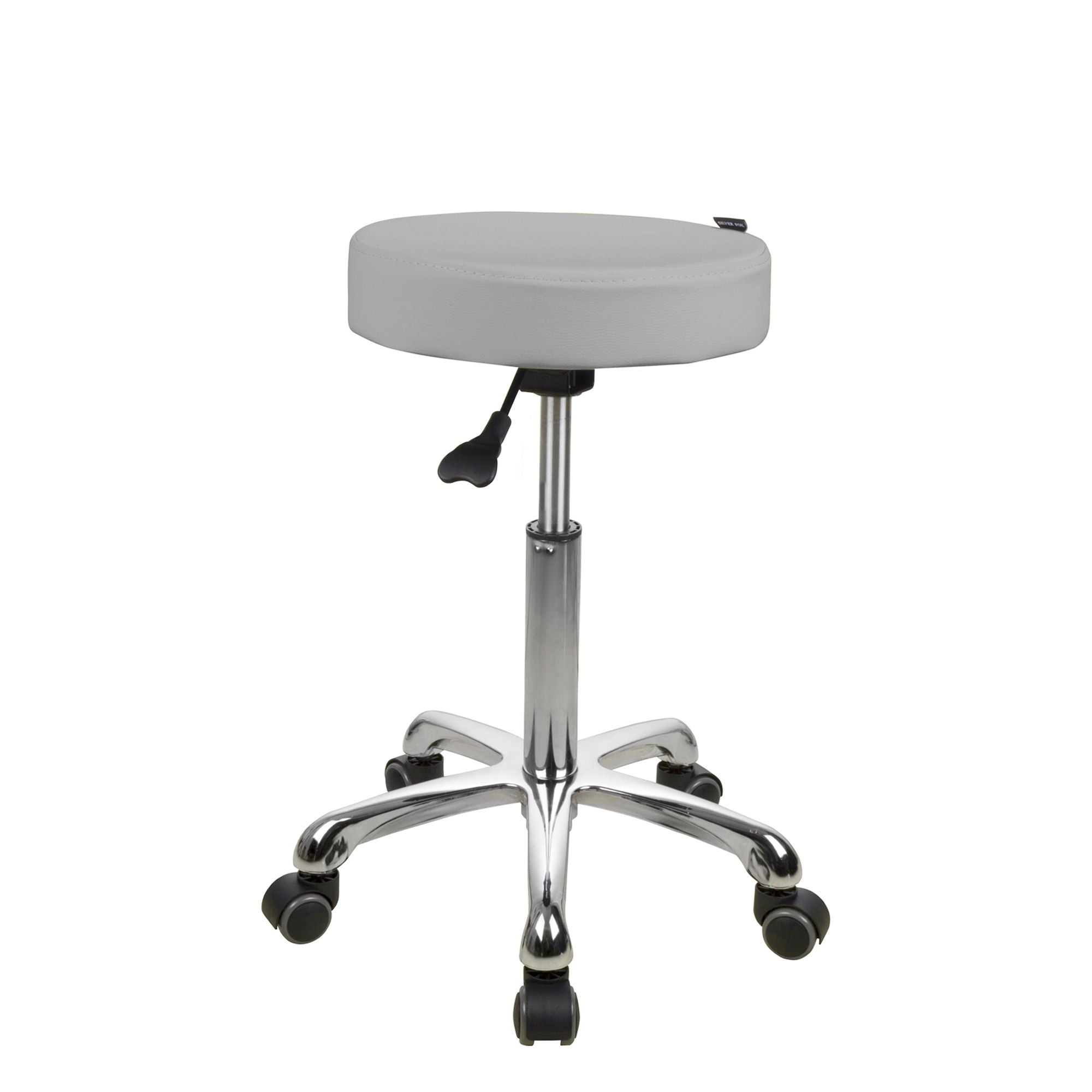 Silverfox America 1023A round gray stool with chrome base and five caster wheels.