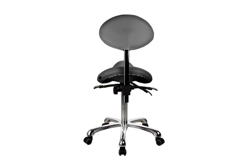 Silverfox America 1025 Stool, ergonomic with wheels and saddle seat, rear view on white.