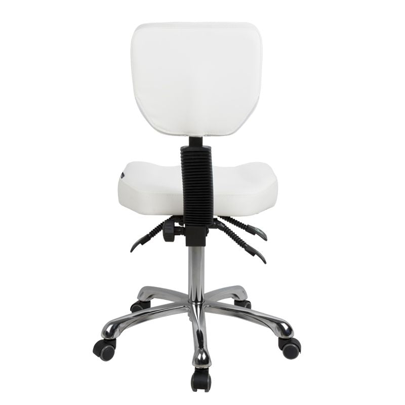 Silverfox America 1030 Stool: ergonomic white seat with chrome base and wheels, ideal for spas.