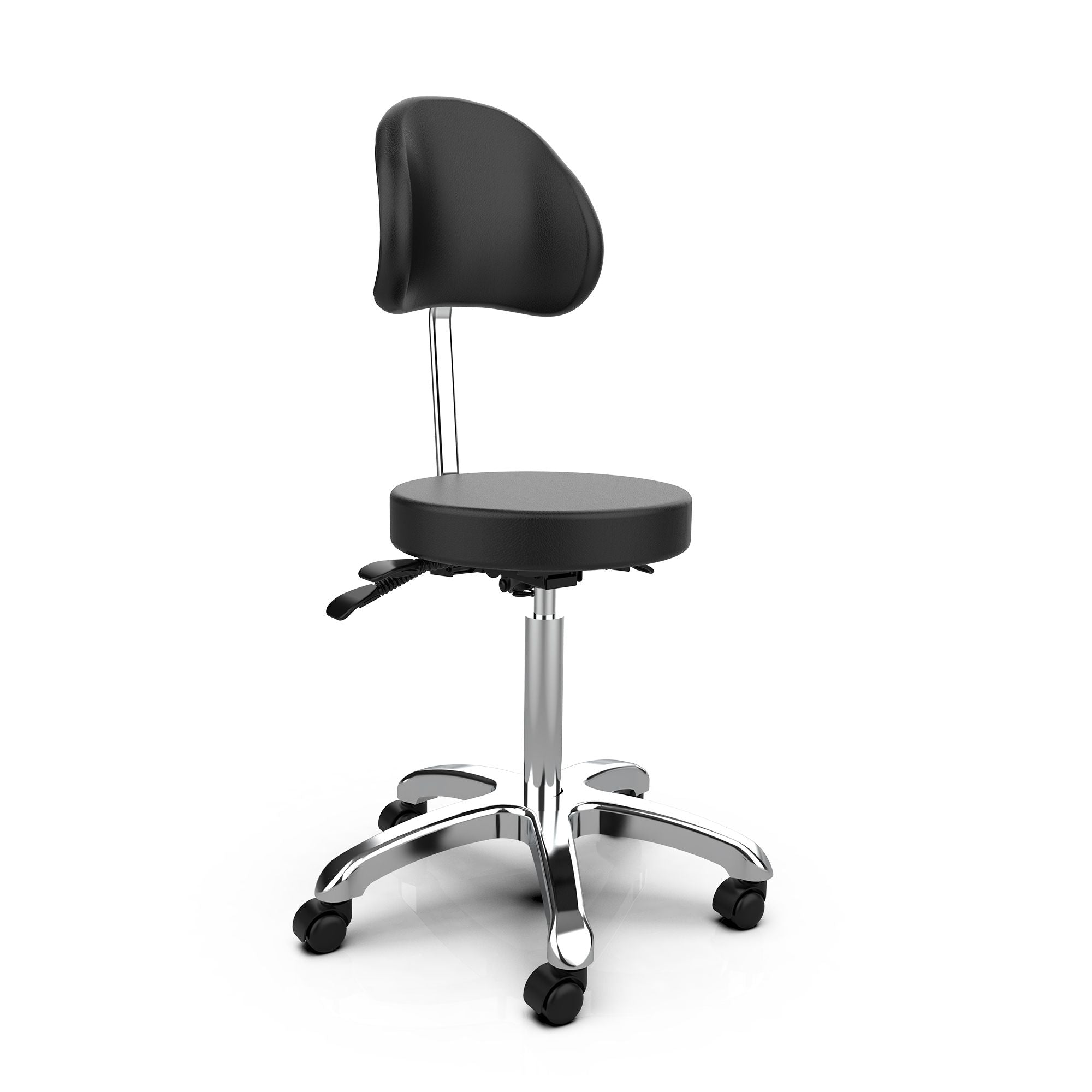 Silverfox America 1025B Stool: ergonomic, wheeled, chrome base—ideal for professional seating.