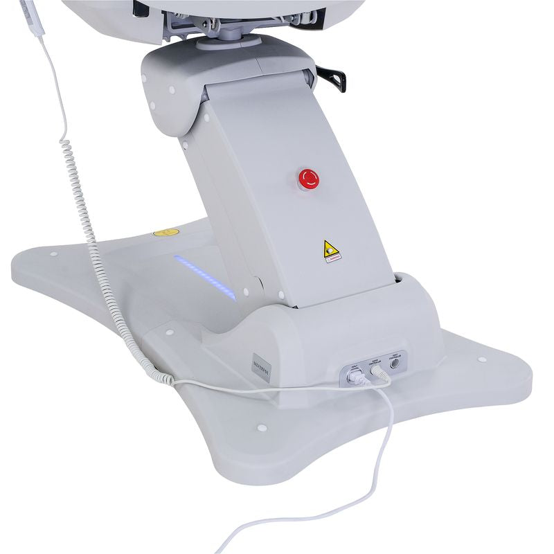 Base of Silverfox America 2246BN massage chair with control buttons, cables, and emergency stop.