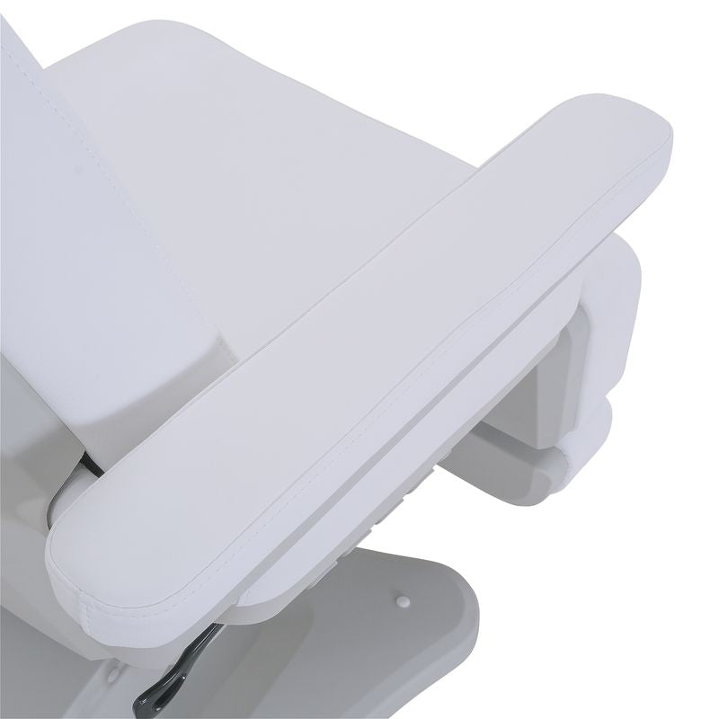 Close-up of Silverfox America 2246BN Electric Massage Chair's white padded armrest and seat.