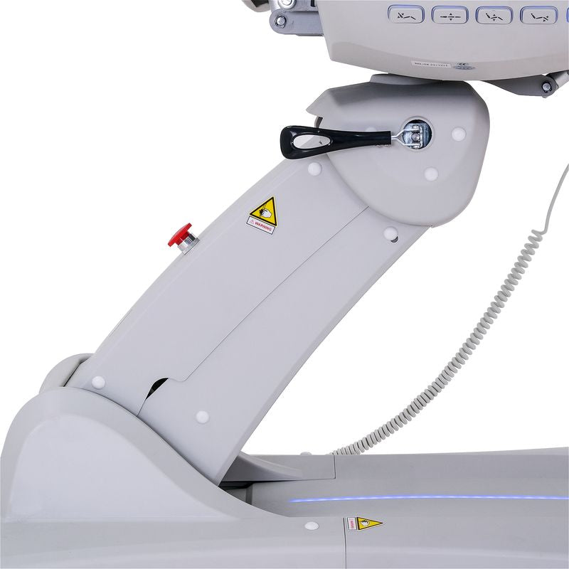 Close-up of the Silverfox America 2246BN massage chair's arm with sensor and emergency stop button.
