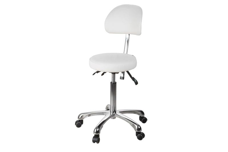 Silverfox America 1025B Stool with backrest, chrome base, and five wheels.