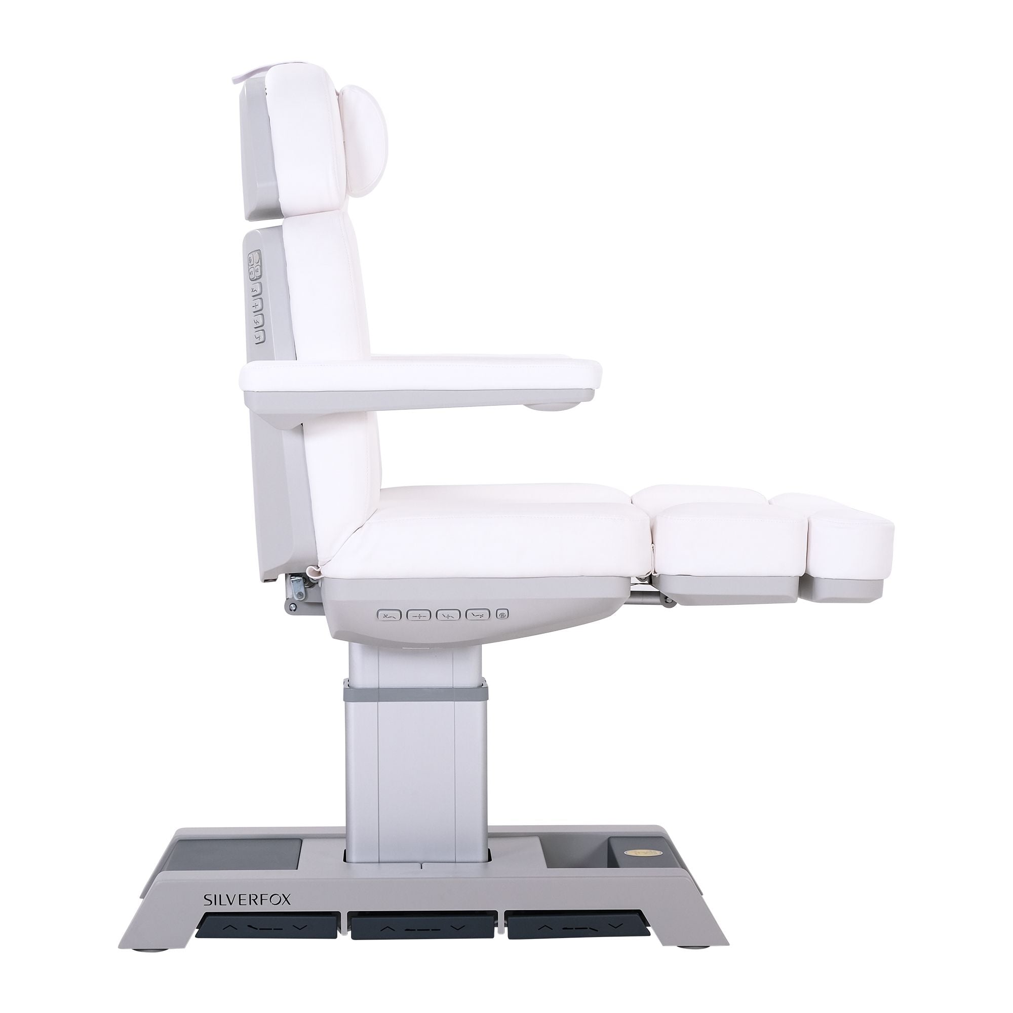 Silverfox America 2218BN massage chair with multiple cushions, sturdy base, side view.