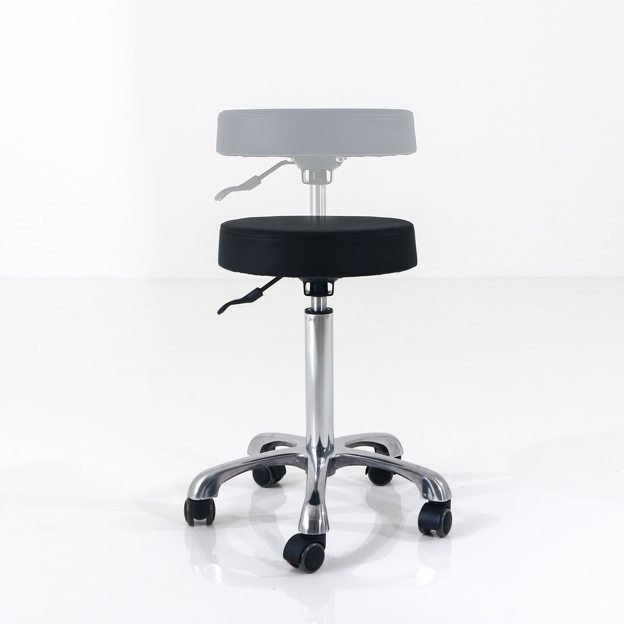 Silverfox America 1023A Stool: ergonomic black seat, metal base, and wheels.