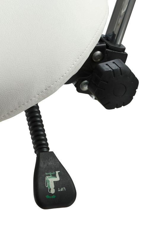 Close-up of Silverfox America 1025 Stool’s height adjustment lever and white cushioned seat.