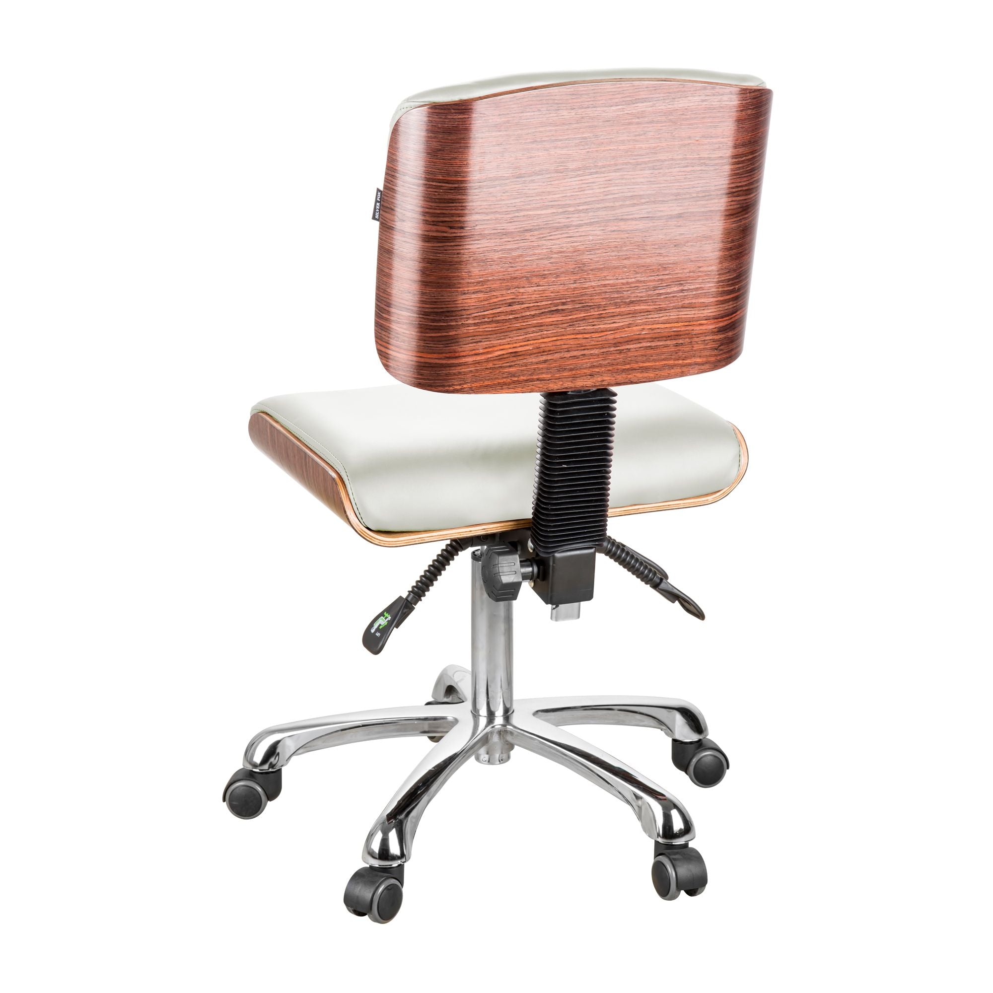 Silverfox America 1071 Stool: wooden back, padded seat, chrome five-wheel base, rear view.