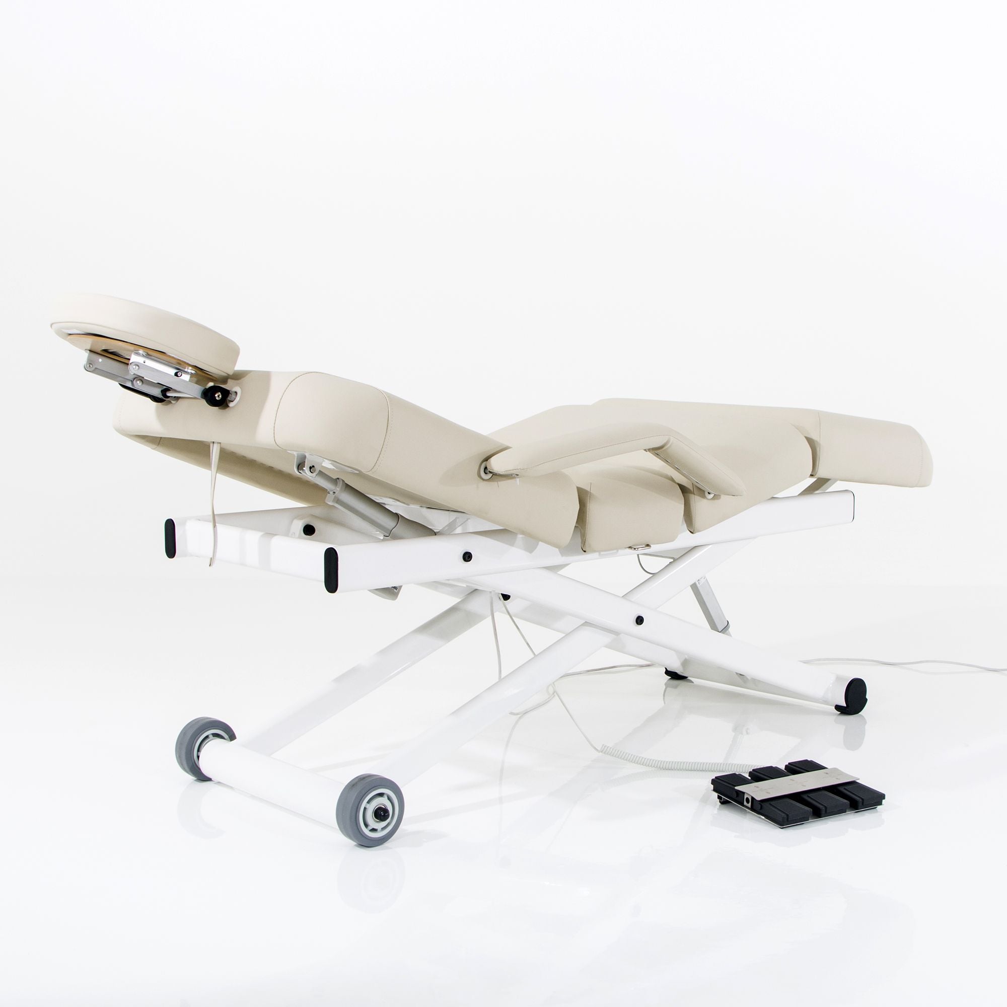 Silverfox America 2274B ADA electric massage bed with headrest and foot pedal, beige finish.
