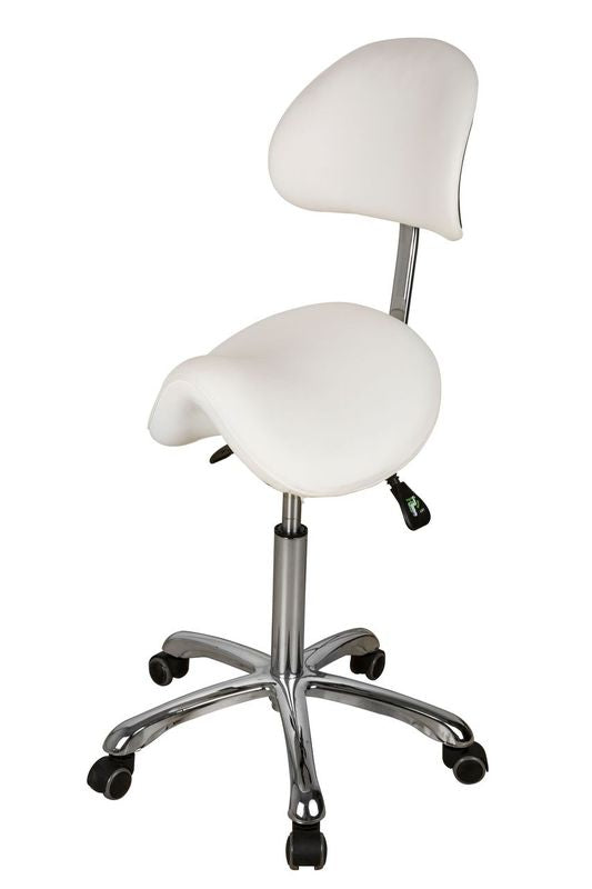 Silverfox America 1025A Stool: ergonomic saddle seat, backrest, chrome base, five casters.